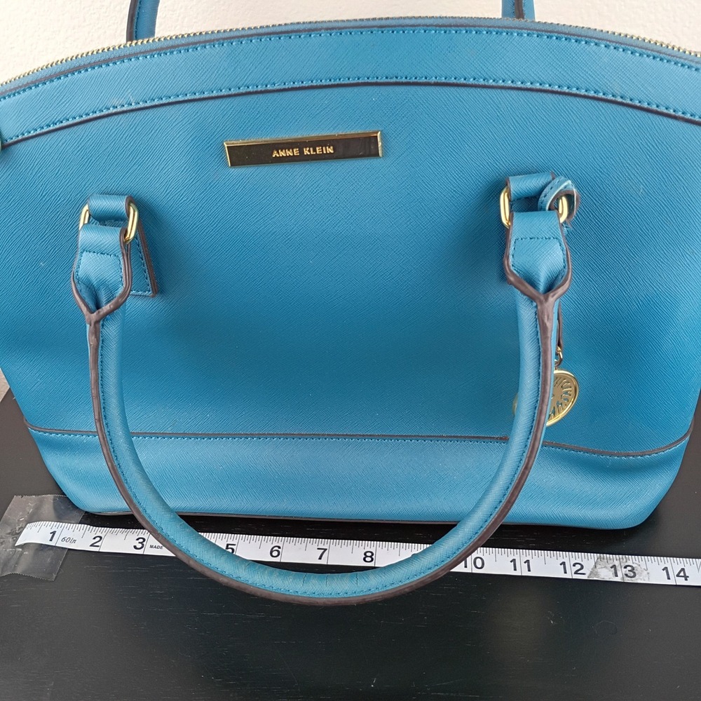 Anne Klein Blue Saffiano Satchel Handbag Gold Hardware Polka Dot Lining - Picture 10 of 11